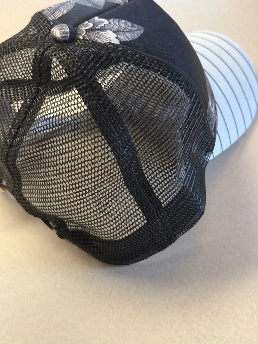 Roxy Black Floral Trucker Hat with White Striped Brim